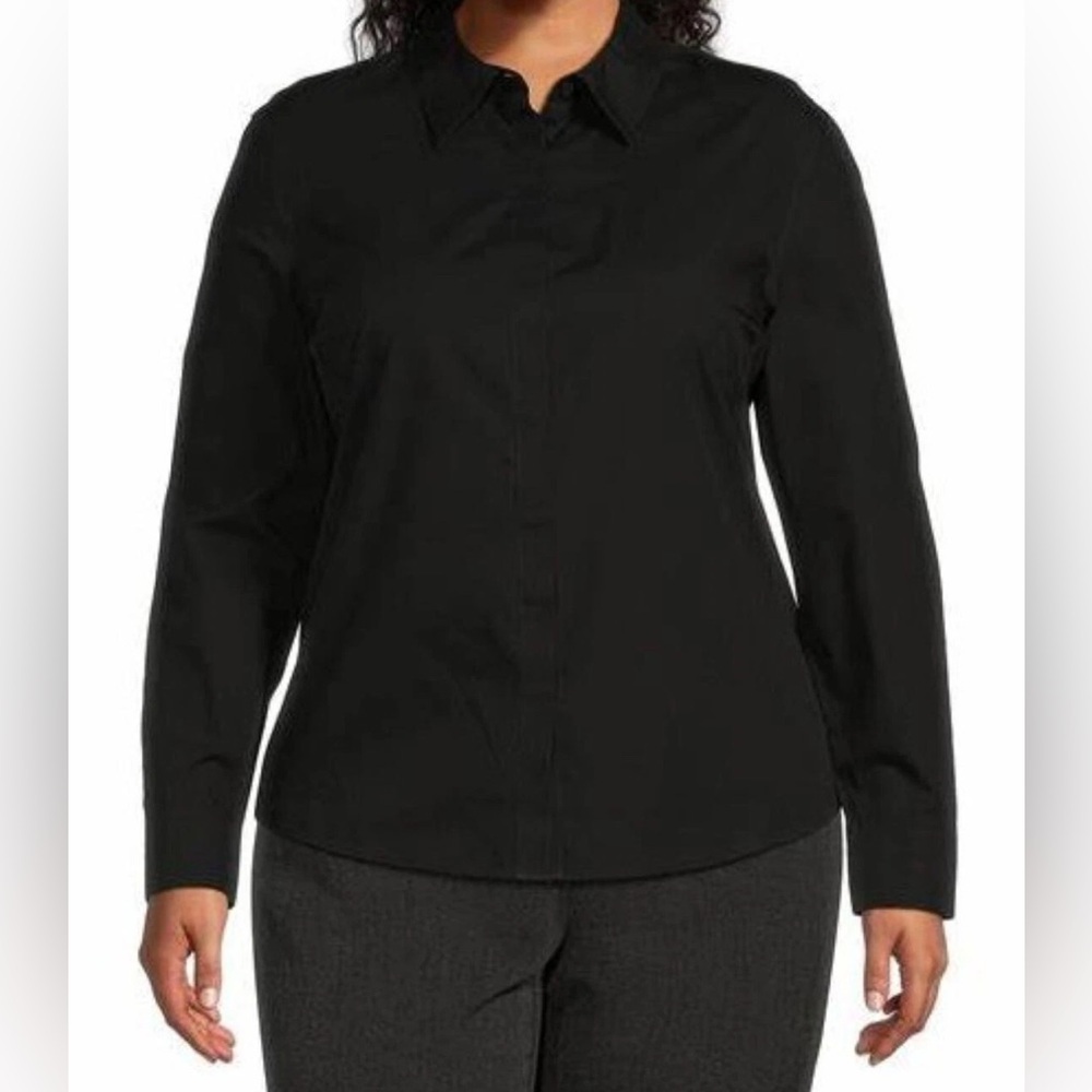 NEW Size 18 Investments Brooke Gold Label Neck Long Sleeve Button Top Black $69